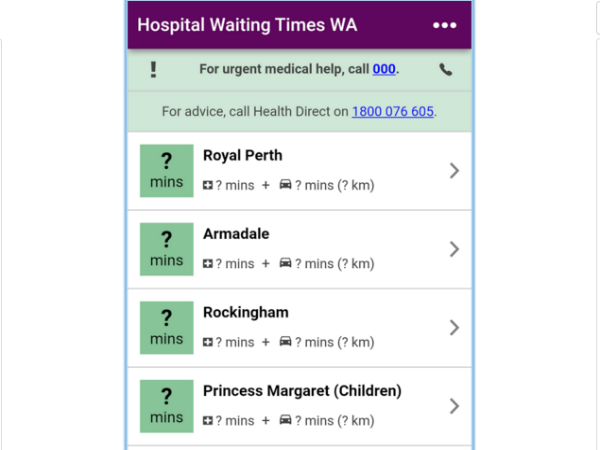 「救急病院の待ち時間を検索できるスマートフォンアプリ「WA Emergency Waiting Time」スマホアプリ画面