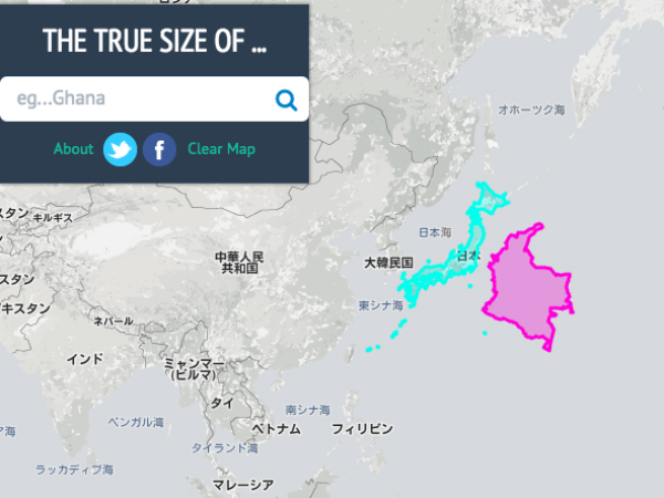 「The True Size Of」で日本とコロンビアを比較